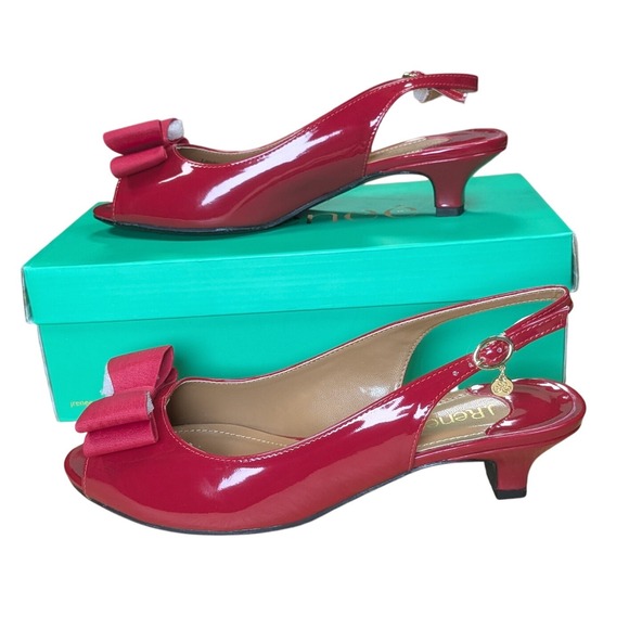 New J. Renee Landan Red Patent Bow Peep Toe Slingback Kitten Heels Women's 10M - Picture 1 of 8